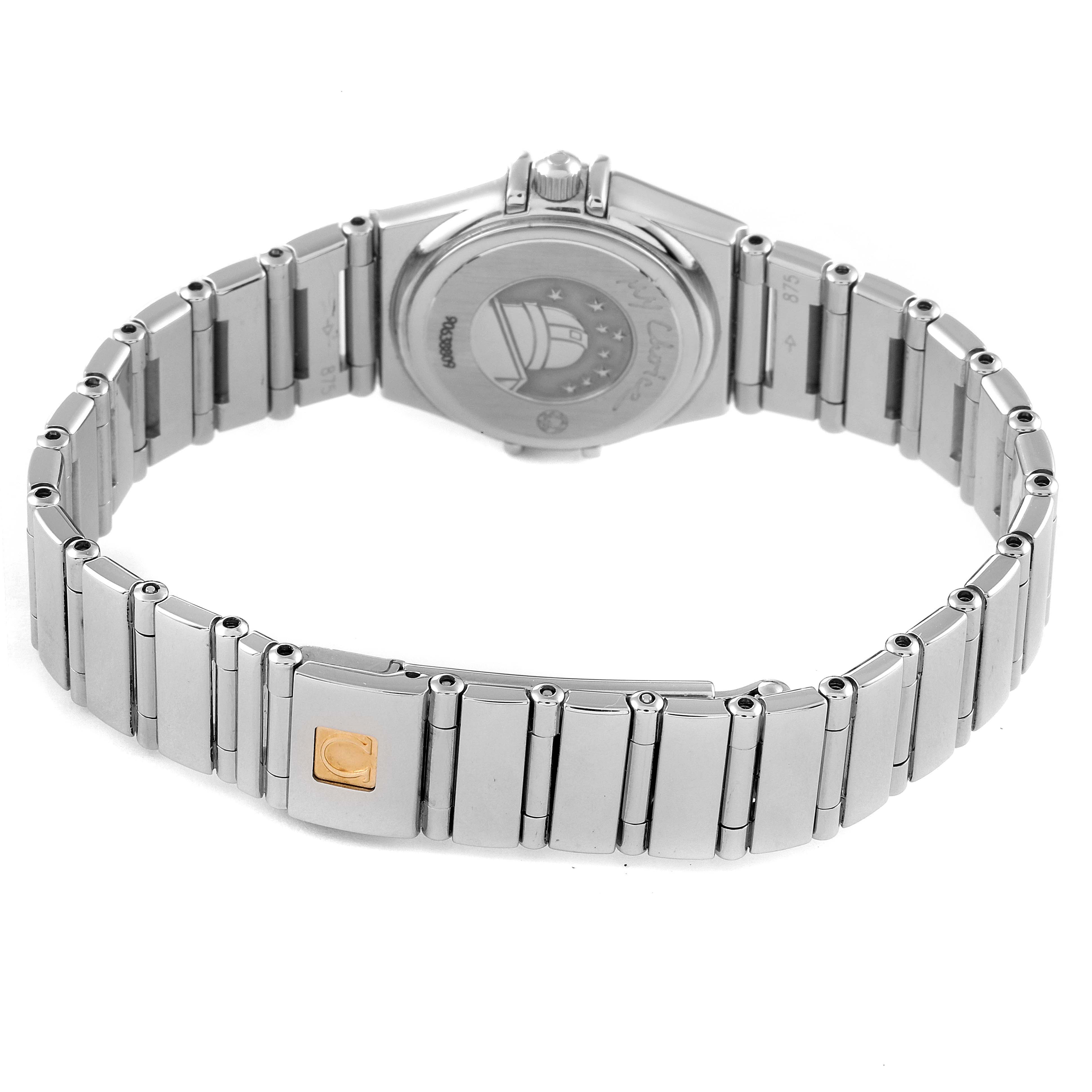 This image shows the back view of the Omega 1465.79.00 Women's Stainless Steel Mother of Pearl Dial 1465.79.00 Women's Stainless Steel Mother of Pearl Dial Constellation Iris My Choice Steel Multi Stone Ladies Watch 1465.79.00, featuring the stainless steel bracelet and clasp.