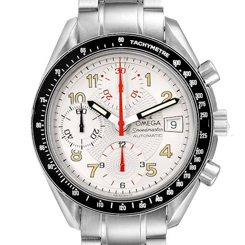 The image shows a front view of the Omega Speedmaster 3513.33.00 Men's Stainless Steel White Dial 3513.33.00 Men's Stainless Steel White Dial watch, highlighting the face, bezel, and stainless steel band.
