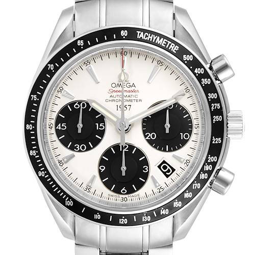The Omega Speedmaster 323.30.40.40.02.001 Men's Stainless Steel White Dial 323.30.40.40.02.001 Men's Stainless Steel White Dial watch is shown from a top-down angle, highlighting its face, tachymeter bezel, and stainless steel bracelet.