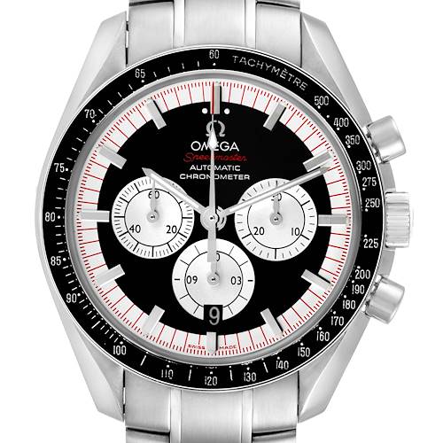 The image shows a frontal view of the Omega Speedmaster 3507.51.00 Men's Stainless Steel Black Dial 3507.51.00 Men's Stainless Steel Black Dial watch, highlighting the dial, sub-dials, bezel, and metal bracelet.