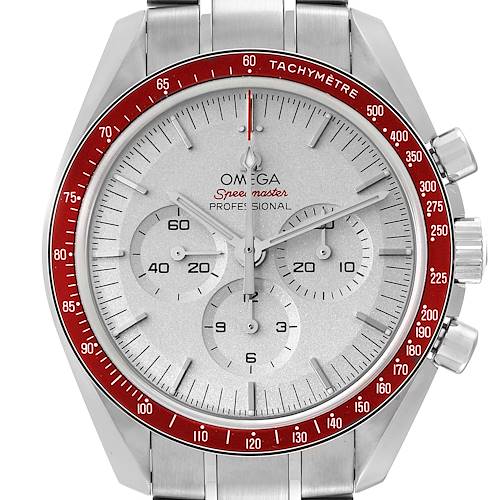 The image shows a front view of the Omega Speedmaster 522.30.42.30.06.001 Men's Stainless Steel Silver Dial 522.30.42.30.06.001 Men's Stainless Steel Silver Dial watch, highlighting its face, red tachymeter bezel, and pushers.