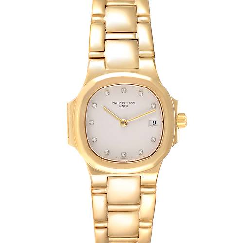 The image shows a frontal view of a Patek Philippe Nautilus 4700 Women's Yellow Gold Beige Dial 4700 Women's Yellow Gold Beige Dial watch, highlighting its gold bracelet, dial, and crown.