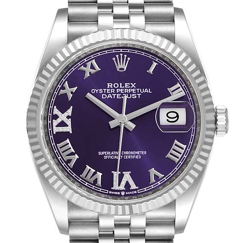 This image shows a front view of a Rolex Datejust 126234 Men's Stainless Steel Purple Dial 126234 Men's Stainless Steel Purple Dial watch, highlighting its face, dial, hands, and Jubilee bracelet.