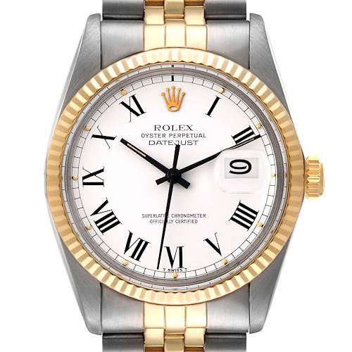 The image shows a front view of the Rolex Vintage Collection 16013 Men's Steel and Gold (two tone) White Dial 16013 Men's Steel and Gold (two tone) White Dial Datejust, highlighting the dial, bezel, and part of the bracelet.