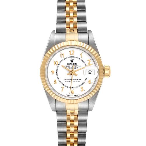 This image shows a front view of the Rolex Datejust 69173 Women's Steel and Gold (two tone) White Dial 69173 Women's Steel and Gold (two tone) White Dial watch, featuring a silver and gold jubilee bracelet and a white dial with gold numerals.