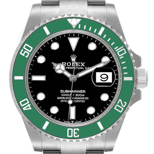 The image shows a frontal view of a Rolex Submariner 126610LV Men's Stainless Steel Black Dial 126610LV Men's Stainless Steel Black Dial watch, featuring its black dial, green bezel, and date window.