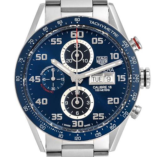 The image shows a Tag Heuer Carrera CV2A1V.BA0738 Men's Stainless Steel Blue Dial CV2A1V.BA0738 Men's Stainless Steel Blue Dial watch featuring a blue dial, chronograph subdials, tachymeter bezel, and day-date display.