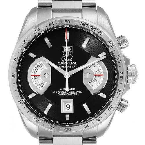 This image shows a frontal view of the Tag Heuer Carrera CAV511A Men's Stainless Steel Black Dial CAV511A Men's Stainless Steel Black Dial watch, highlighting its dial, chronograph subdials, and tachymeter bezel.