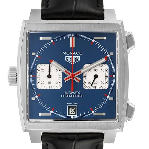 The Tag Heuer Monaco CAW211P Men's Stainless Steel Blue Dial CAW211P Men's Stainless Steel Blue Dial watch is shown from the front angle, displaying its dial, hands, crown, subdials, and the date window.
