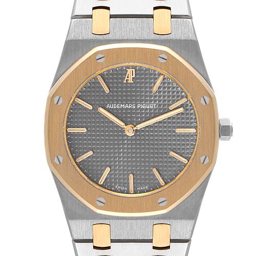This image shows the front view of an Audemars Piguet Royal Oak 56303SA Men's Steel and Gold (two tone) Grey Dial 56303SA Men's Steel and Gold (two tone) Grey Dial watch, featuring the dial, bezel, and part of the bracelet.