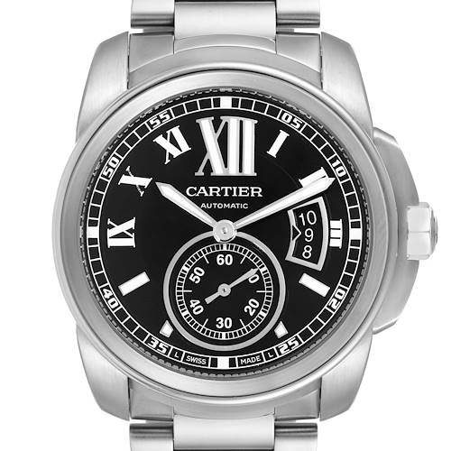 The image shows a front view of a Calibre de Cartier watch by Cartier, displaying the dial, hands, and date window.