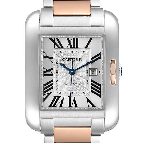 The image shows a front view of a Cartier Tank Anglaise W5310007 Women's Steel and Gold (two tone) Silver Dial W5310007 Women's Steel and Gold (two tone) Silver Dial watch, highlighting its dial, Roman numerals, hands, date window, and part of the bracelet.