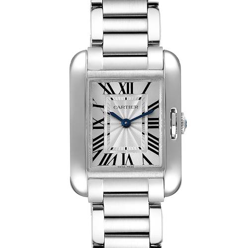 The image shows a front view of the Cartier Tank Anglaise W5310022 Women's Stainless Steel Silver Dial W5310022 Women's Stainless Steel Silver Dial watch, highlighting its rectangular dial, stainless steel bracelet, and Roman numeral hour markers.