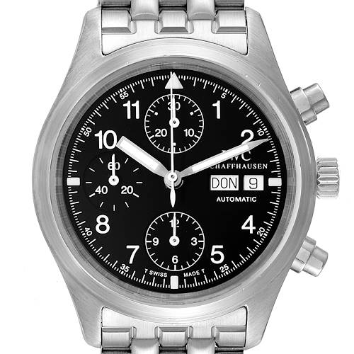 This image shows a front view of the IWC Pilot IW370607 Men's Stainless Steel Black Dial IW370607 Men's Stainless Steel Black Dial model watch, highlighting its dial, bezel, and a part of its metal bracelet.