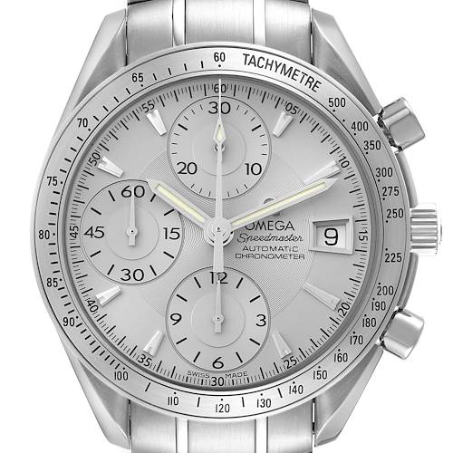 The image shows a front view of an Omega Speedmaster 3211.30.00 Men's Stainless Steel Silver Dial 3211.30.00 Men's Stainless Steel Silver Dial watch, highlighting the dial, chronograph sub-dials, and tachymeter scale.