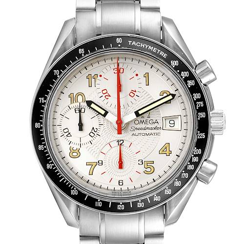 The image shows a front view of an Omega Speedmaster 3513.33.00 Men's Stainless Steel White Dial 3513.33.00 Men's Stainless Steel White Dial watch, highlighting its dial, bezel, subdials, and bracelet.
