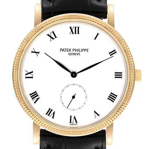 The image shows a front view of the Patek Philippe Calatrava 3919J Men's Yellow Gold White Dial 3919J Men's Yellow Gold White Dial watch, displaying its face, bezel, and strap.