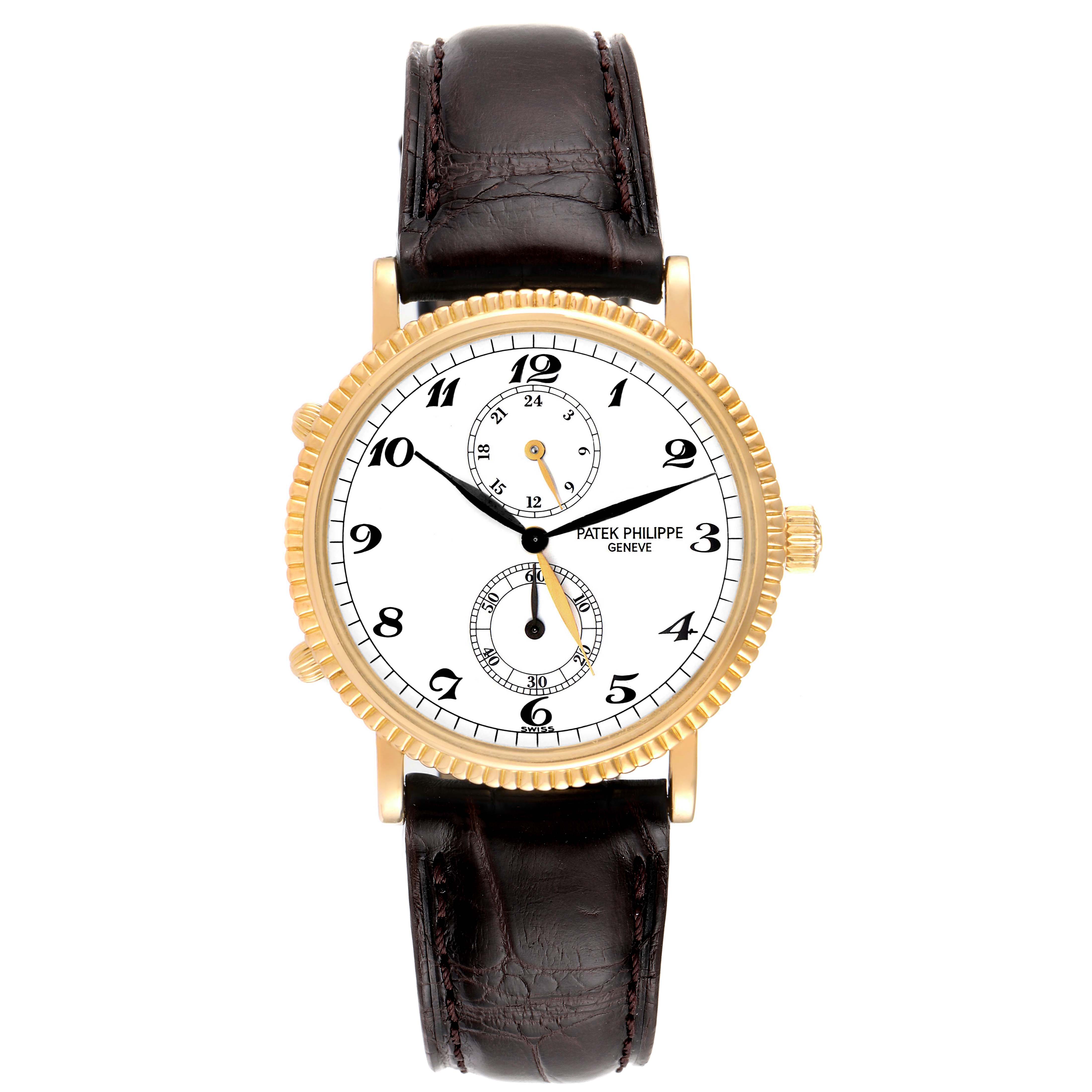 The image shows a front view of the Patek Philippe Calatrava 5034J Men's Yellow Gold White Dial 5034J Men's Yellow Gold White Dial watch with a white dial and brown leather strap.