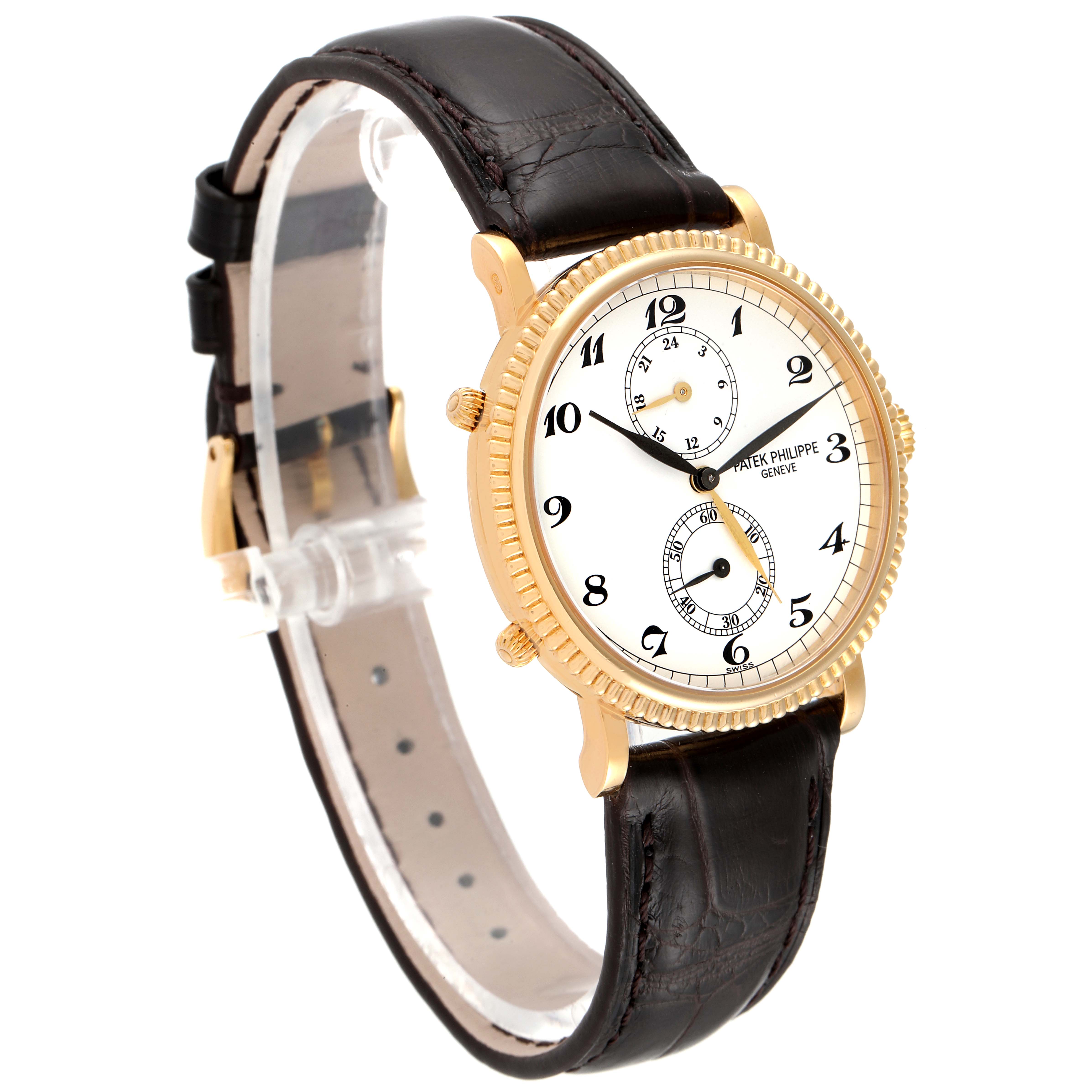 The image shows a Patek Philippe Calatrava 5034J Men's Yellow Gold White Dial 5034J Men's Yellow Gold White Dial watch at an angle showcasing its face, case, and leather strap.