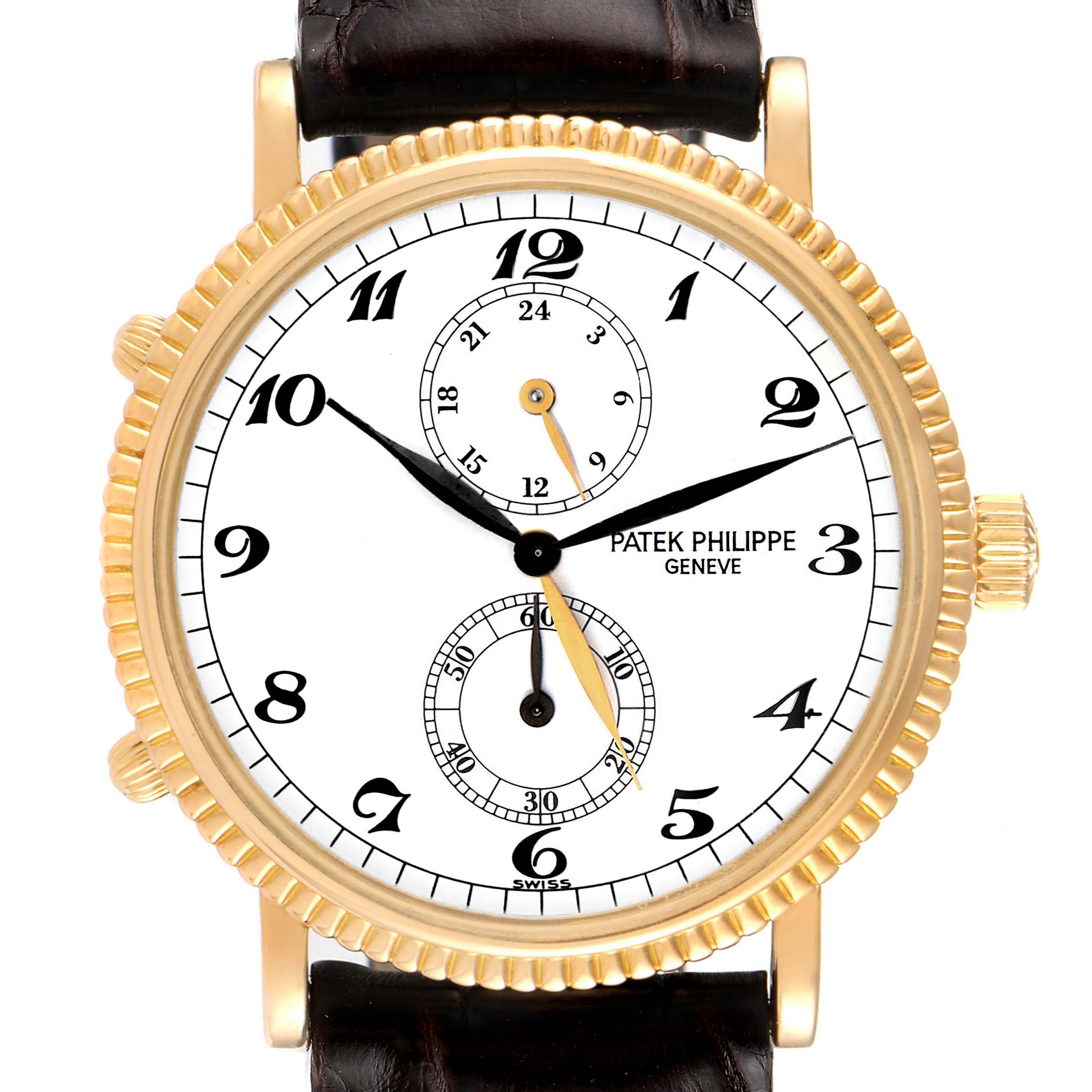 This image shows a frontal view of a Patek Philippe Calatrava 5034J Men's Yellow Gold White Dial 5034J Men's Yellow Gold White Dial watch, highlighting its face, bezel, crown, lugs, and strap.