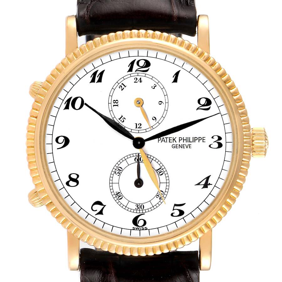 This image shows a frontal view of a Patek Philippe Calatrava 5034J Men's Yellow Gold White Dial 5034J Men's Yellow Gold White Dial watch, highlighting its face, bezel, crown, lugs, and strap.