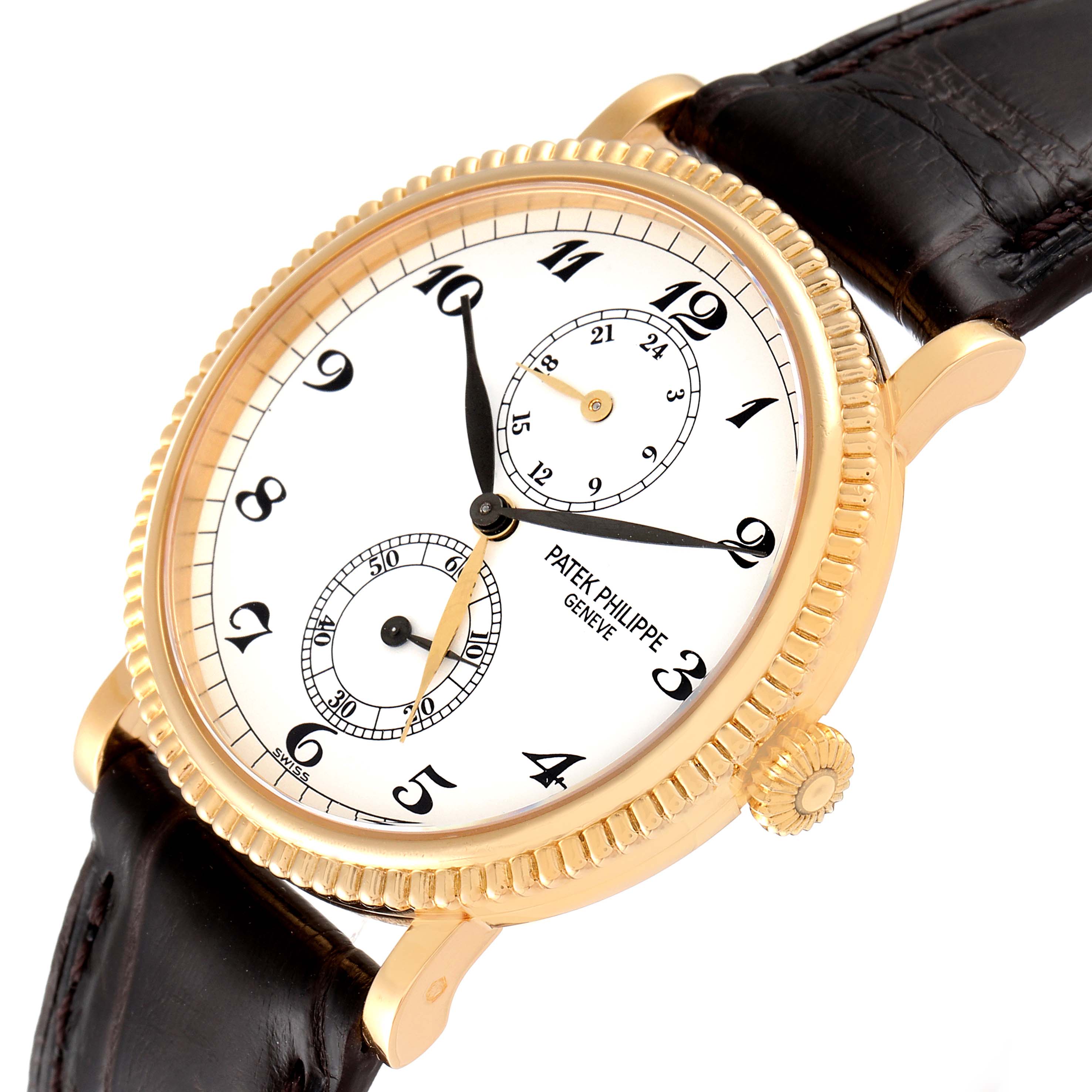 This Patek Philippe Calatrava 5034J Men's Yellow Gold White Dial 5034J Men's Yellow Gold White Dial watch is shown at an angle displaying the dial, crown, and leather strap.
