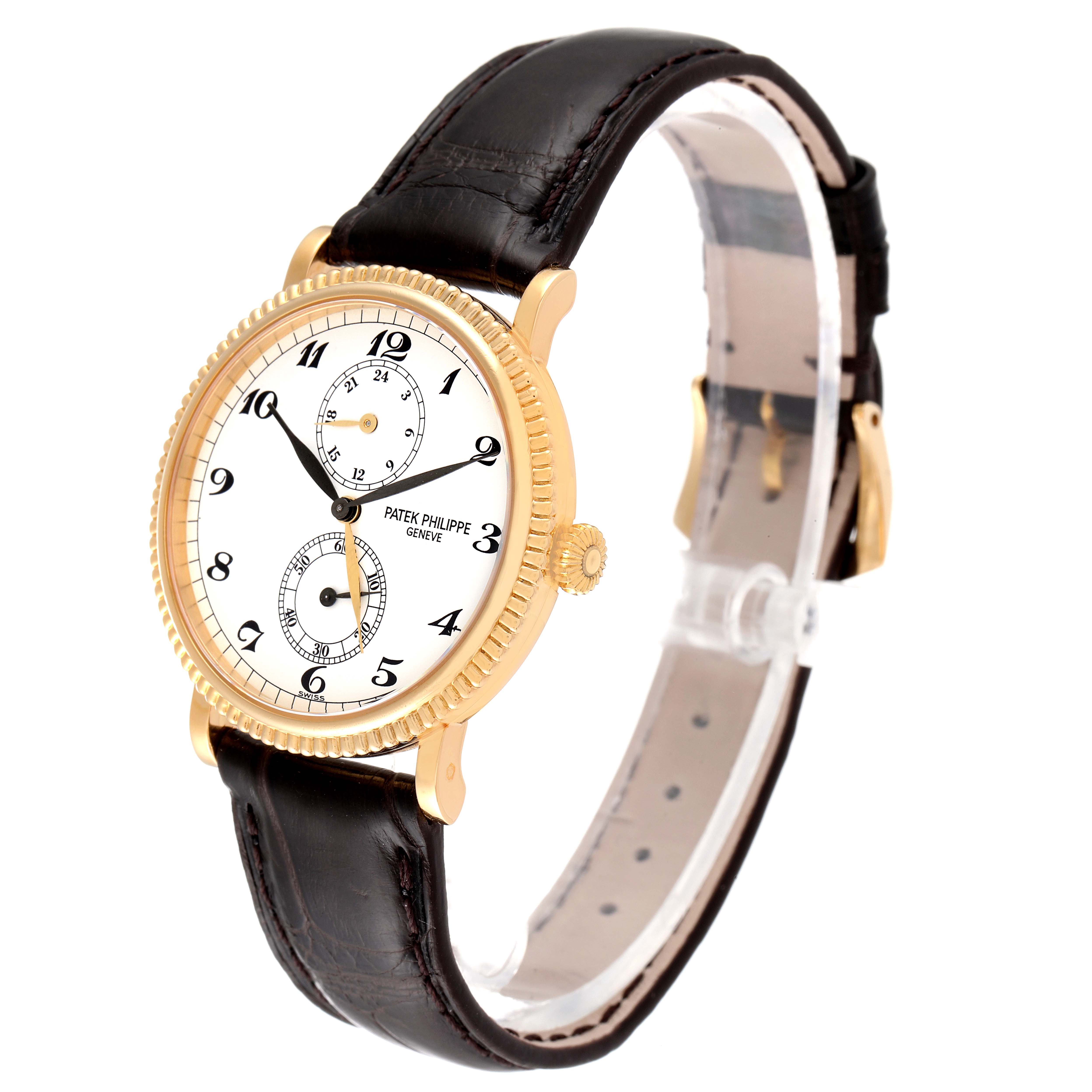 The image shows a Patek Philippe Calatrava 5034J Men's Yellow Gold White Dial 5034J Men's Yellow Gold White Dial watch at an angled side view, displaying its dial, case, crown, and leather strap.