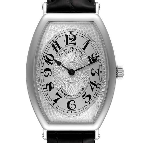 The image shows a front view of the Patek Philippe Gondolo 5098P Men's Platinum Silver Dial 5098P Men's Platinum Silver Dial watch, highlighting the watch face and bezel.
