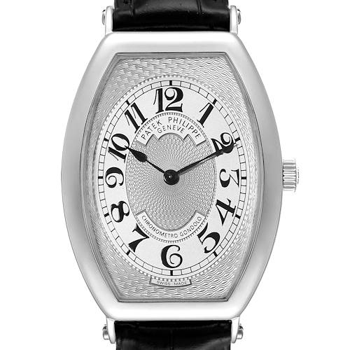 The Patek Philippe Gondolo 5098P Men's Platinum Silver Dial 5098P Men's Platinum Silver Dial watch is shown from the front, displaying its dial, case, and part of the strap.