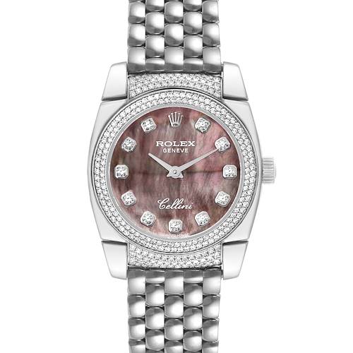 This image shows a front view of the Rolex Cellini 6311 Women's White Gold Mother of Pearl Dial 6311 Women's White Gold Mother of Pearl Dial watch featuring a jeweled bezel and a link bracelet.