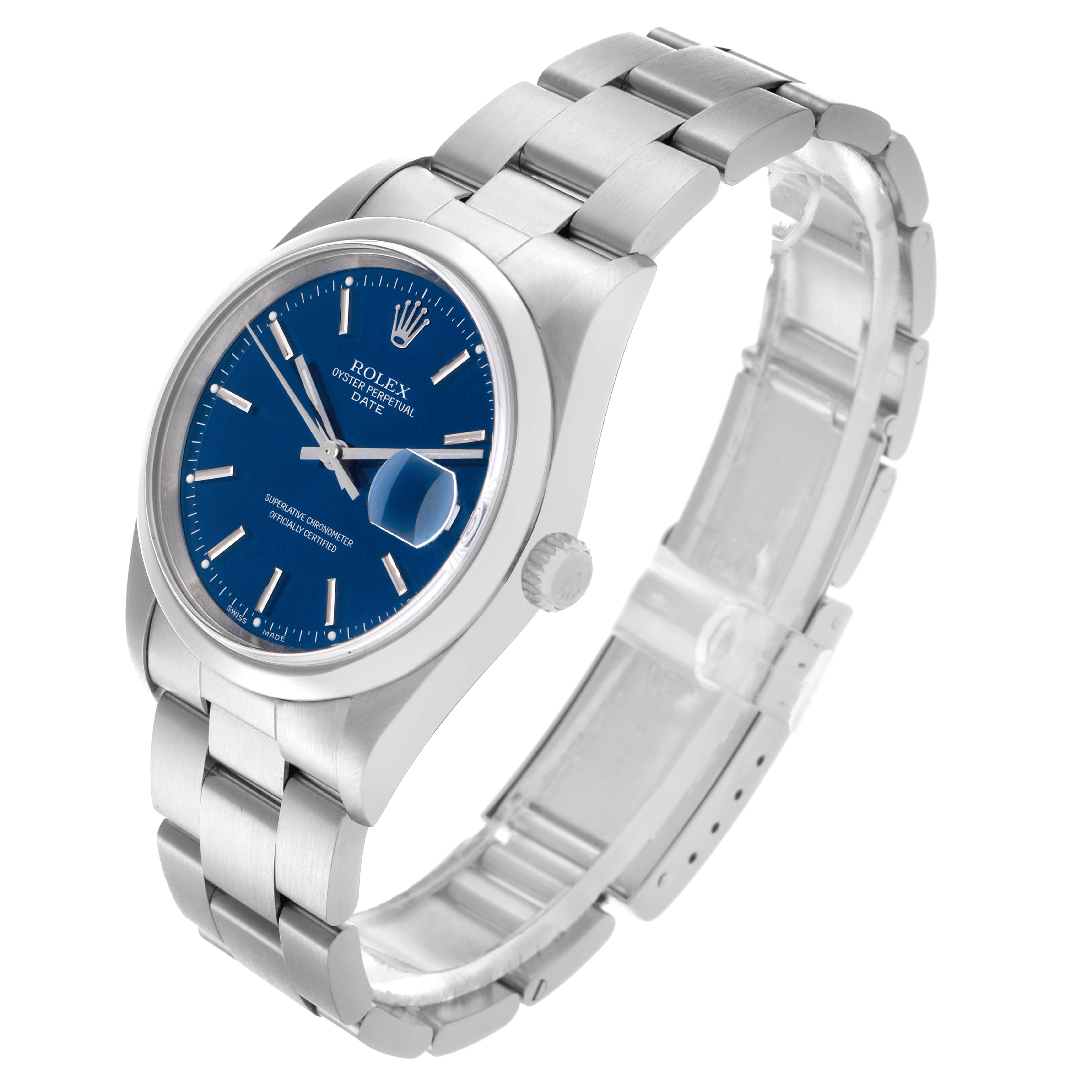 The Rolex Date 15200 Men's Stainless Steel Blue Dial 15200 Men's Stainless Steel Blue Dial watch is shown at a three-quarter angle, highlighting the blue dial, bezel, crown, and part of the bracelet.