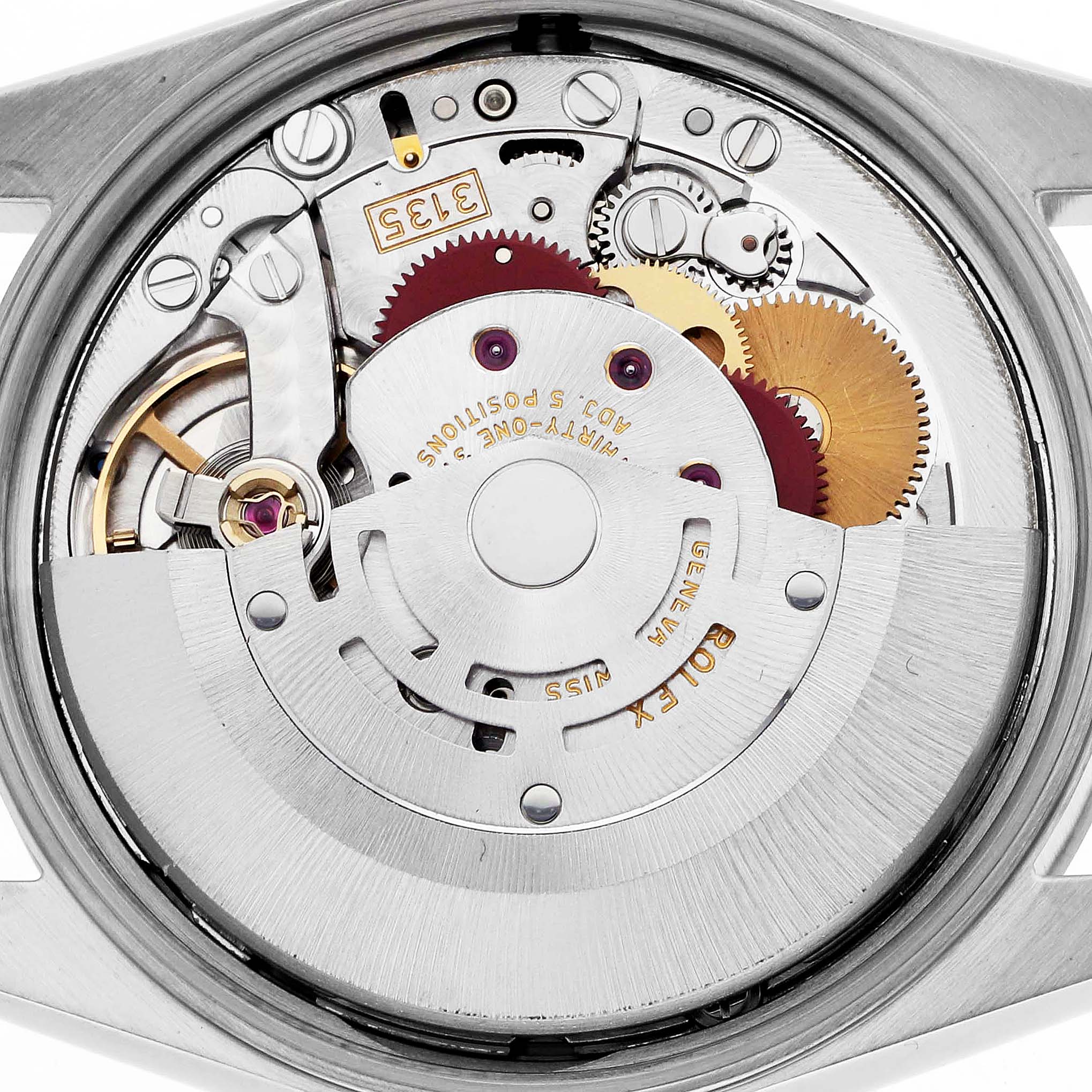 This image shows the movement of a Rolex Date 15200 Men's Stainless Steel Blue Dial 15200 Men's Stainless Steel Blue Dial watch from a top-down angle, highlighting gears and the rotor.