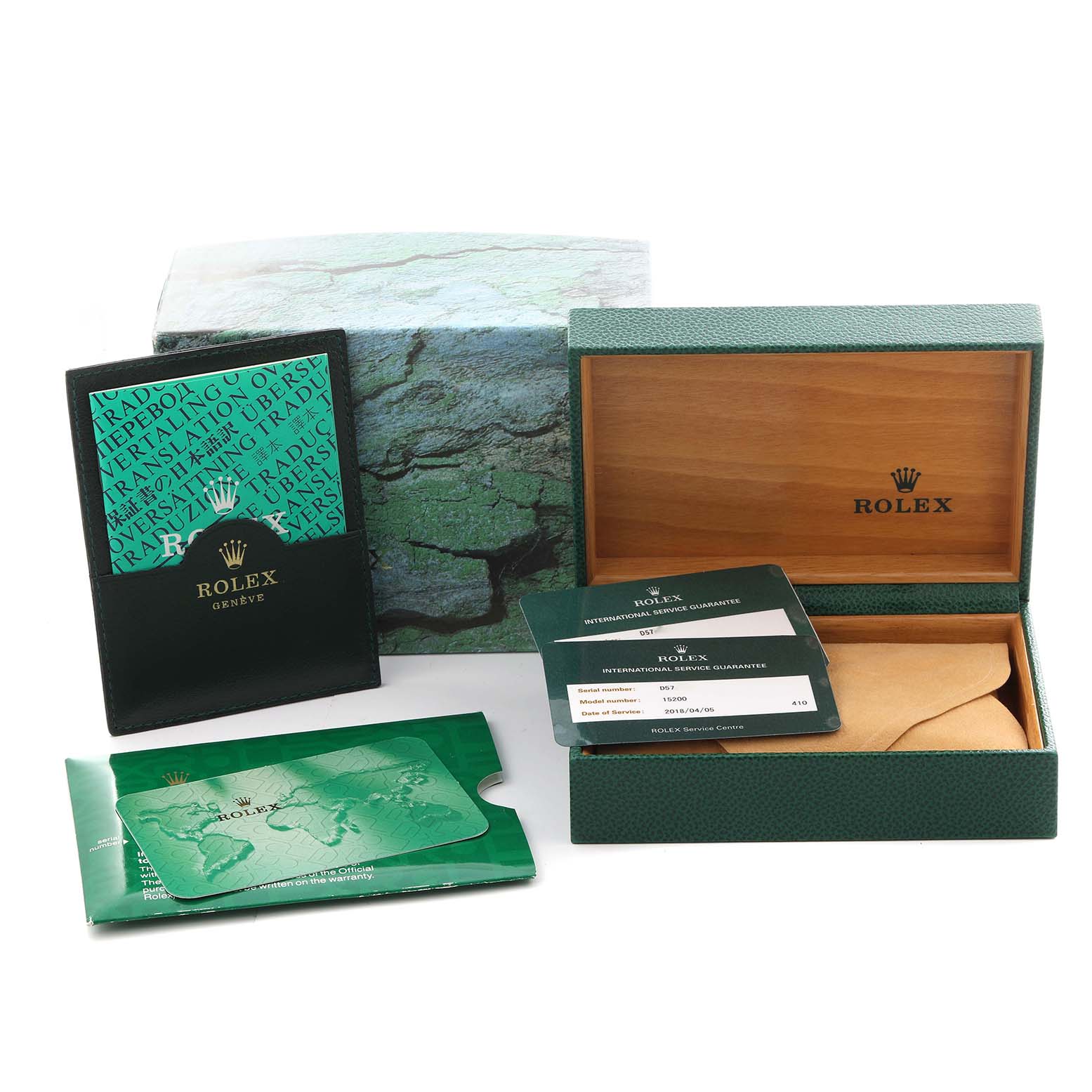 The image shows the packaging and accessories for a Rolex Date 15200 Men's Stainless Steel Blue Dial 15200 Men's Stainless Steel Blue Dial model, including the box, warranty cards, and booklets, from a top angle.