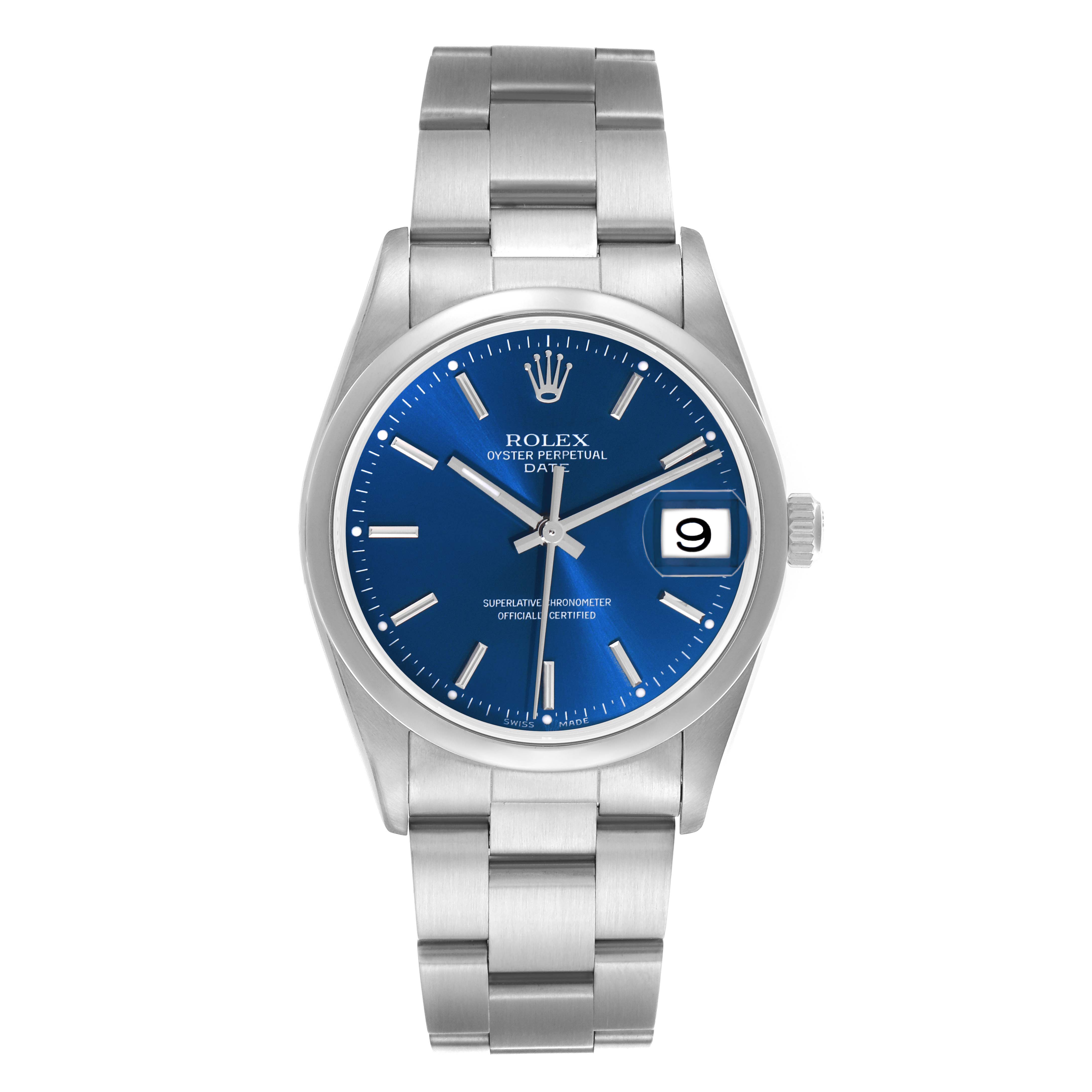 The Rolex Date 15200 Men's Stainless Steel Blue Dial 15200 Men's Stainless Steel Blue Dial model watch is shown from a front view, showcasing its blue dial, silver bracelet, and date window at 3 o'clock.