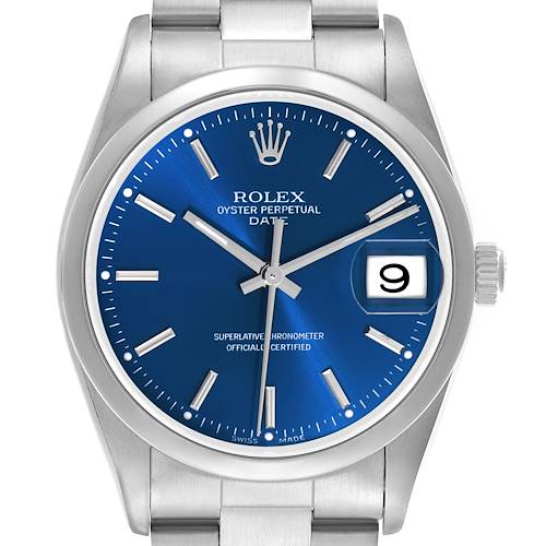 The Rolex Date 15200 Men's Stainless Steel Blue Dial 15200 Men's Stainless Steel Blue Dial watch is shown from a top-down angle, featuring its blue dial, date window, and stainless steel bracelet.