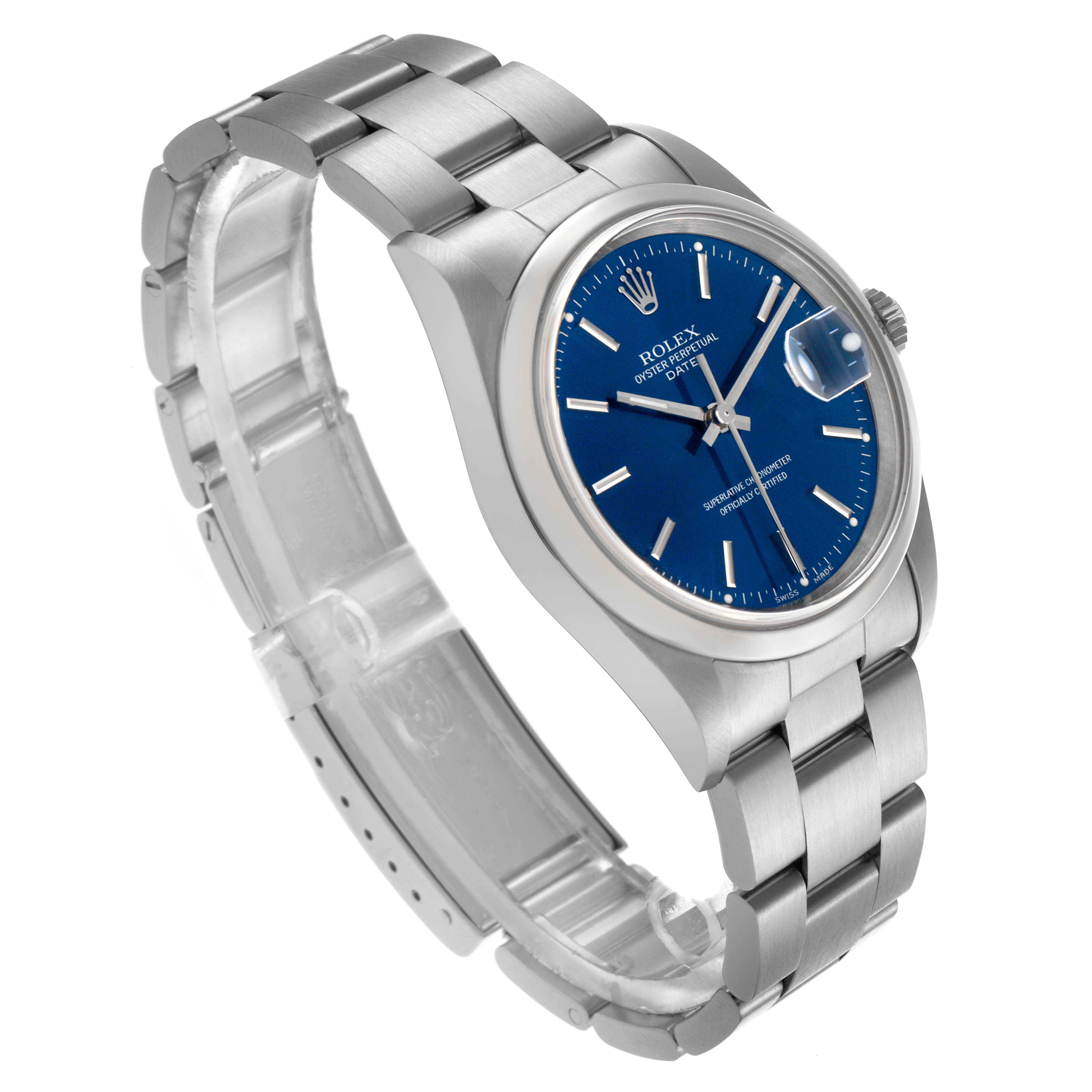 The Rolex Date 15200 Men's Stainless Steel Blue Dial 15200 Men's Stainless Steel Blue Dial model watch is shown at a three-quarter angle, highlighting the blue dial, case, and metal bracelet.