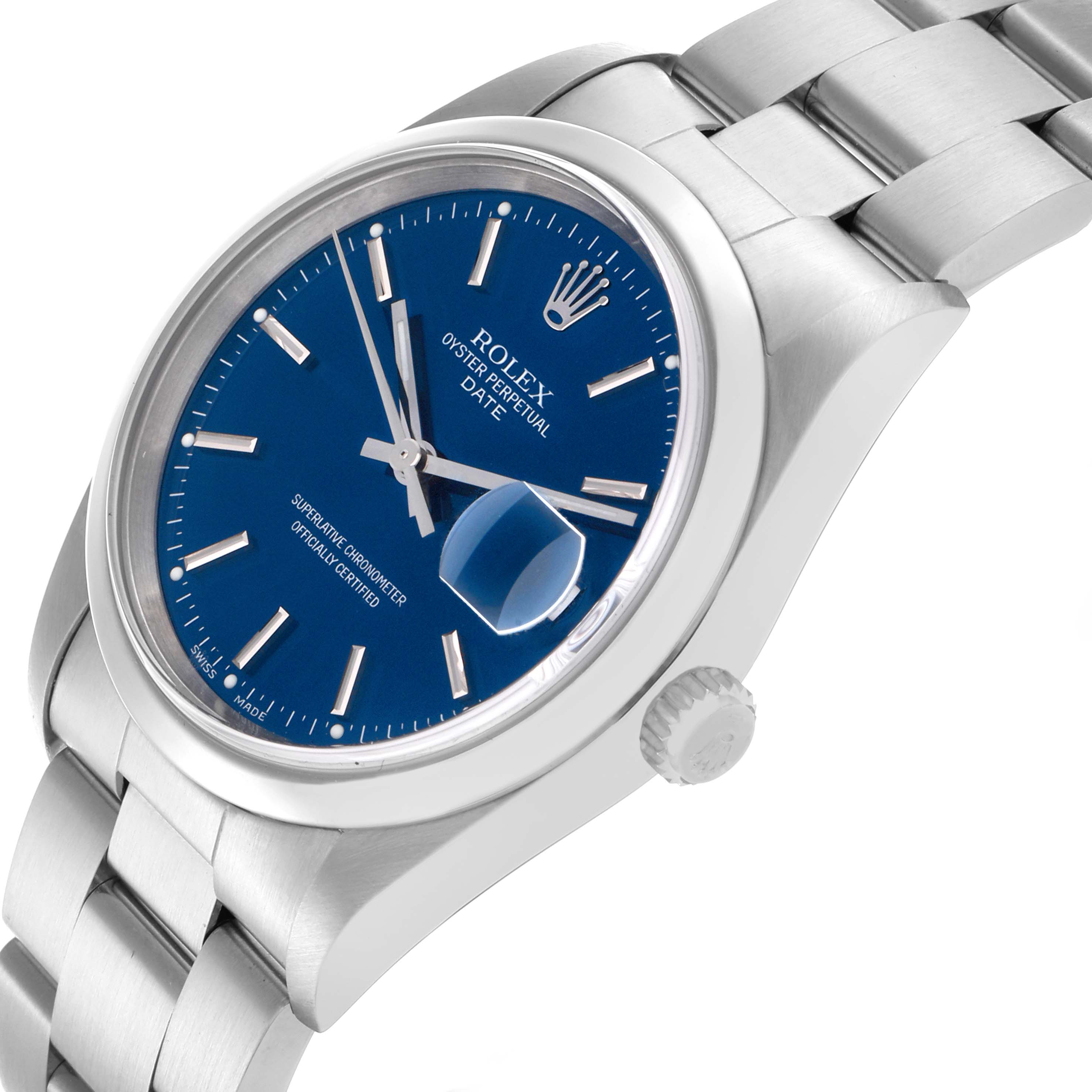 The Rolex Date 15200 Men's Stainless Steel Blue Dial 15200 Men's Stainless Steel Blue Dial watch is shown at a three-quarter angle, highlighting the case, dial, crown, and part of the bracelet.