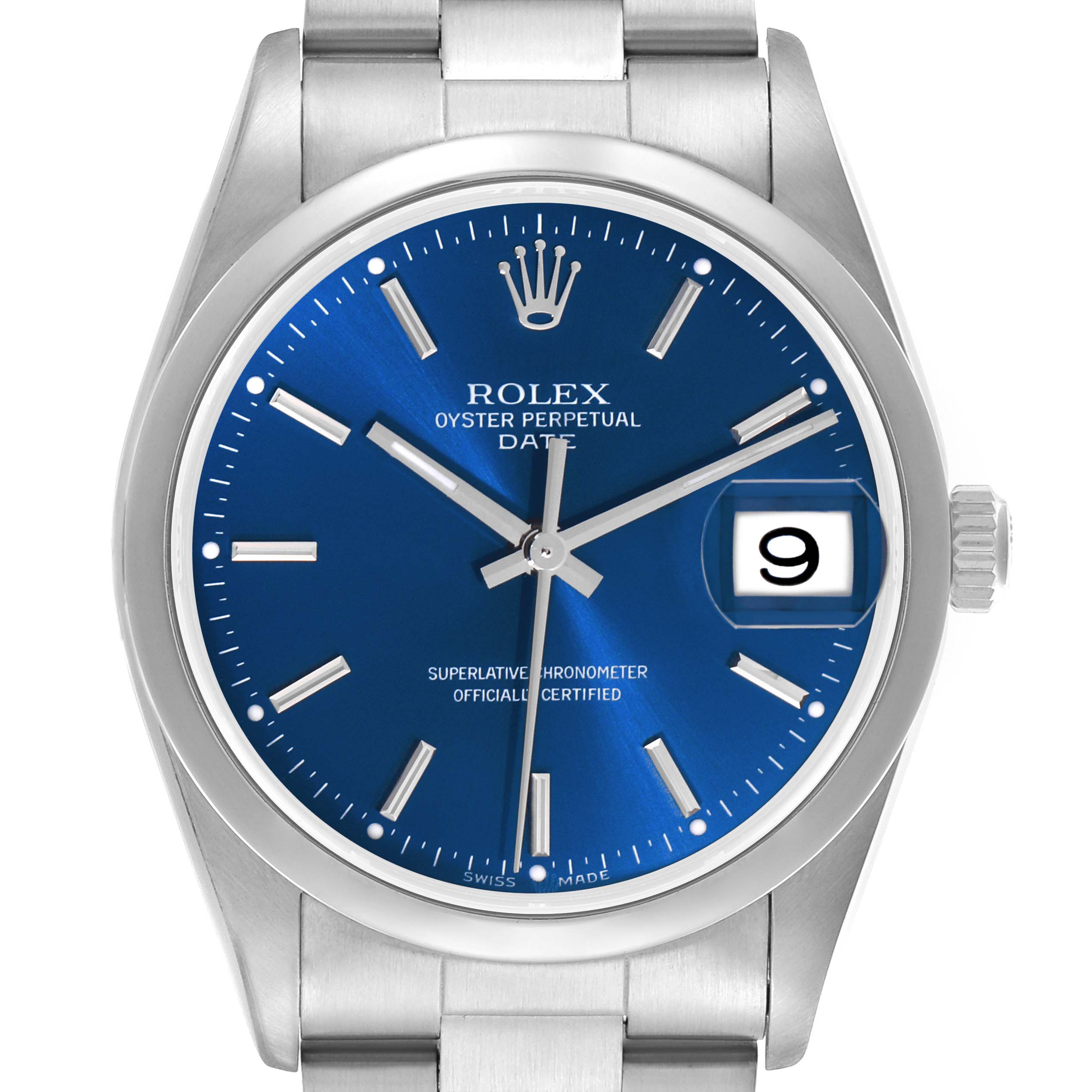 The watch, a Rolex Date 15200 Men's Stainless Steel Blue Dial 15200 Men's Stainless Steel Blue Dial model, is shown from the front, displaying the blue dial, hour markers, hands, and date window.
