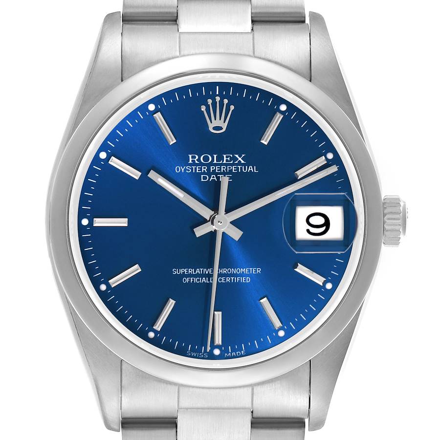 The watch, a Rolex Date 15200 Men's Stainless Steel Blue Dial 15200 Men's Stainless Steel Blue Dial model, is shown from the front, displaying the blue dial, hour markers, hands, and date window.