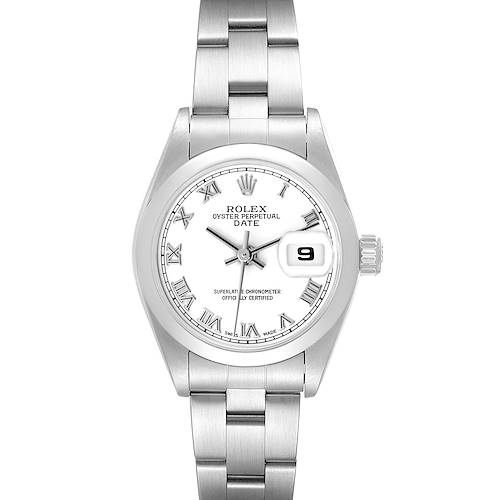 The Rolex Date 79160 Women's Stainless Steel White Dial 79160 Women's Stainless Steel White Dial watch is shown from a top-down angle, displaying its face, bezel, bracelet, and date magnifier.