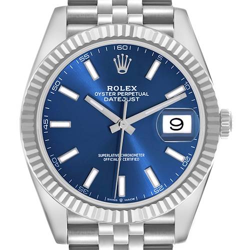 The Rolex Datejust 41 126334 Men's Stainless Steel Blue Dial 126334 Men's Stainless Steel Blue Dial is shown from the front, featuring its blue dial, fluted bezel, date window, and part of the bracelet.