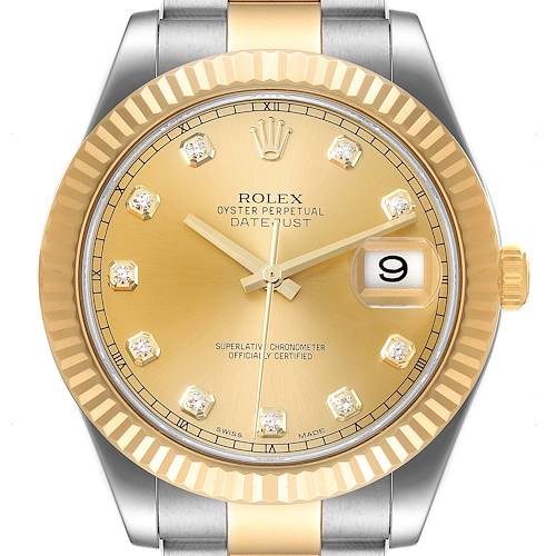 This image shows a front view of the Rolex Datejust 41 116333 Men's Steel and Gold (two tone) Champagne Dial 116333 Men's Steel and Gold (two tone) Champagne Dial watch, highlighting its dial, fluted bezel, and part of the bracelet.