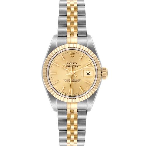 The Rolex Datejust 69173 Women's Steel and Gold (two tone) Champagne Dial 69173 Women's Steel and Gold (two tone) Champagne Dial watch is shown from the front, displaying the dial, hands, bezel, and bracelet.
