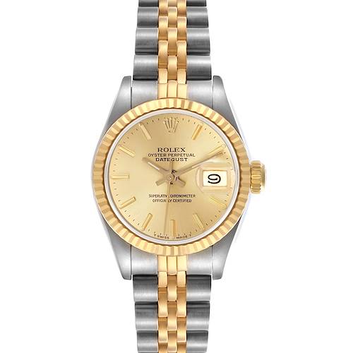 The Rolex Datejust 69173 Women's Steel and Gold (two tone) Champagne Dial 69173 Women's Steel and Gold (two tone) Champagne Dial watch is shown from the front, displaying its dial, two-tone bracelet, and fluted bezel.