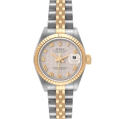 The image shows a frontal view of the Rolex Datejust 69173 Women's Steel and Gold (two tone) Beige Dial 69173 Women's Steel and Gold (two tone) Beige Dial watch, highlighting the dial, bezel, bracelet, and date window.