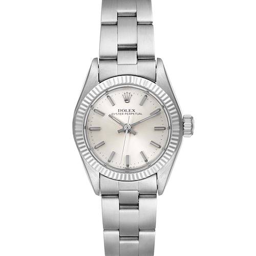 The image shows a front view of a Rolex Oyster Perpetual 6719 Women's Stainless Steel Silver Dial 6719 Women's Stainless Steel Silver Dial watch, highlighting its face, bezel, and bracelet.