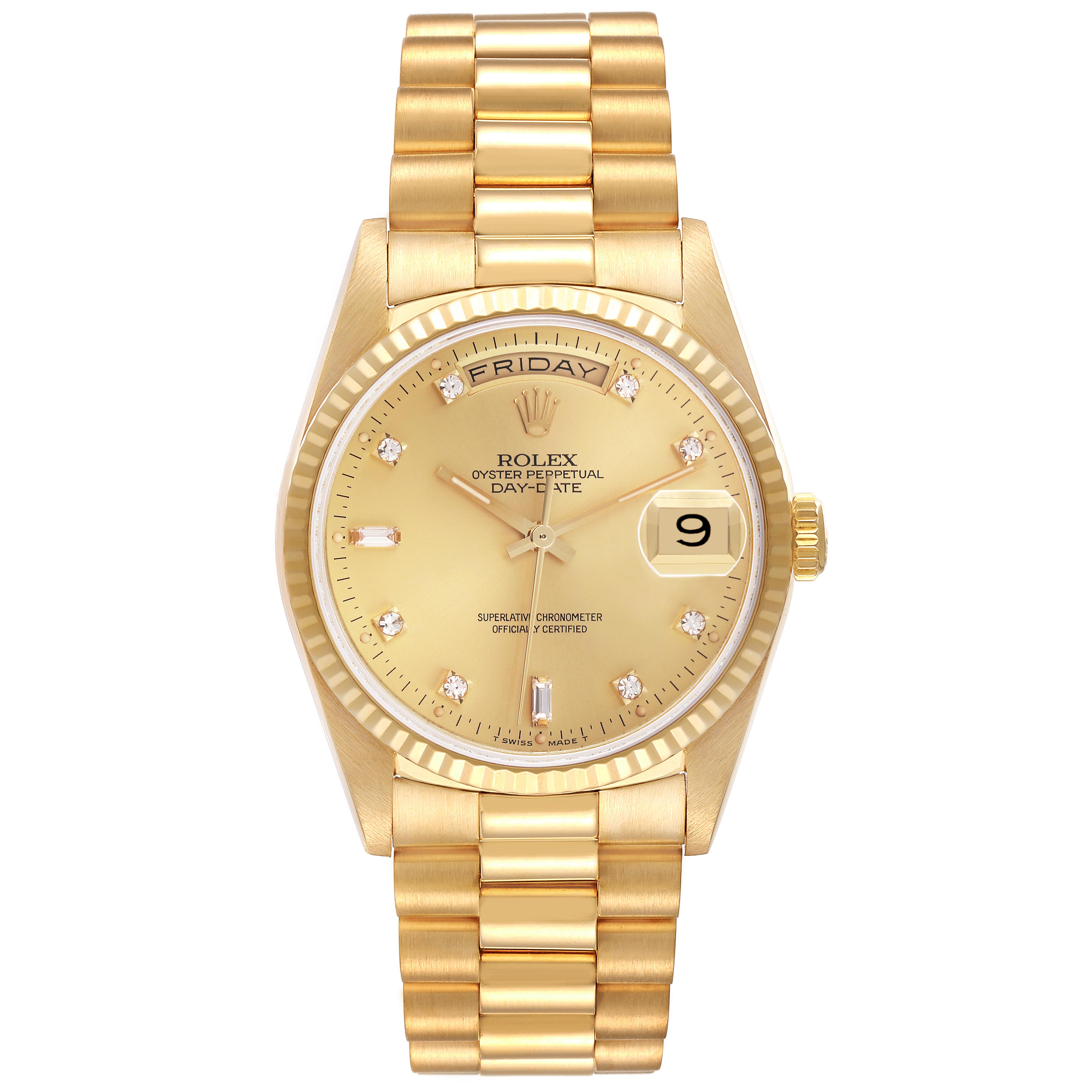 The Rolex President 18238 Men's Yellow Gold Champagne Dial 18238 Men's Yellow Gold Champagne Dial model watch is shown from a front angle, displaying its face, bezel, bracelet, and day-date features.