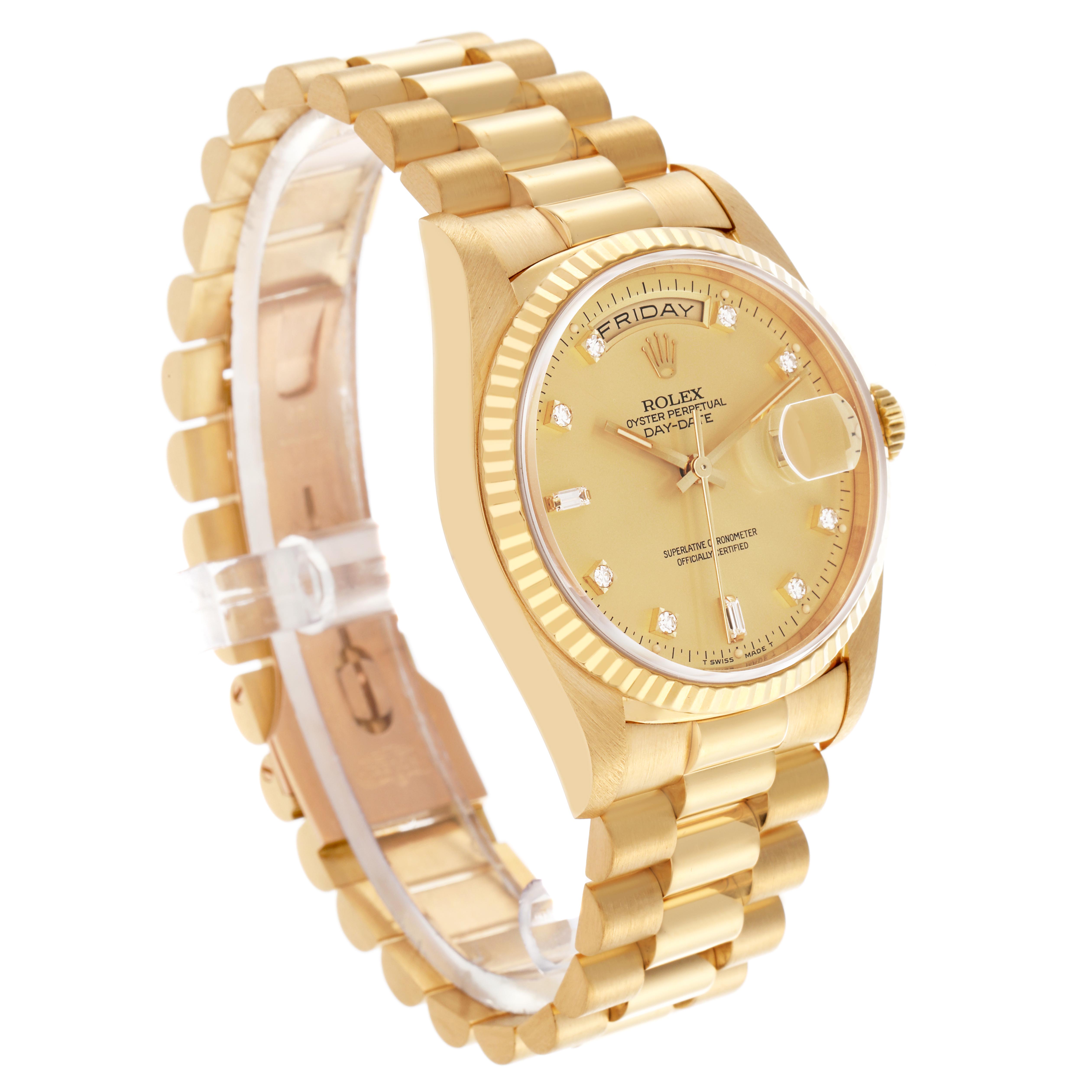 The Rolex President 18238 Men's Yellow Gold Champagne Dial 18238 Men's Yellow Gold Champagne Dial model watch is shown at a three-quarter angle, displaying the dial, bezel, and bracelet.