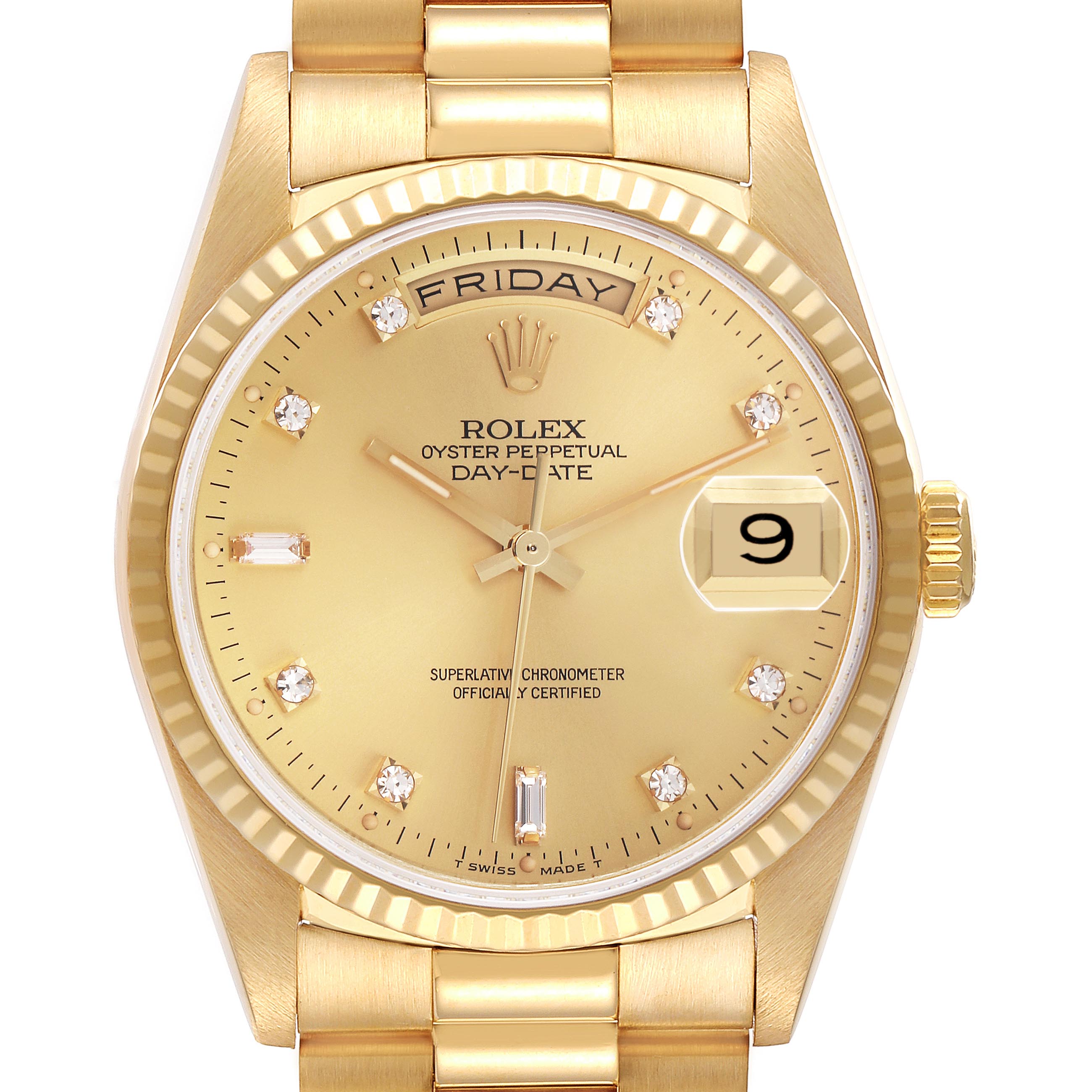 The image shows a frontal view of the Rolex President 18238 Men's Yellow Gold Champagne Dial 18238 Men's Yellow Gold Champagne Dial model, displaying the face, fluted bezel, crown, and part of the bracelet.