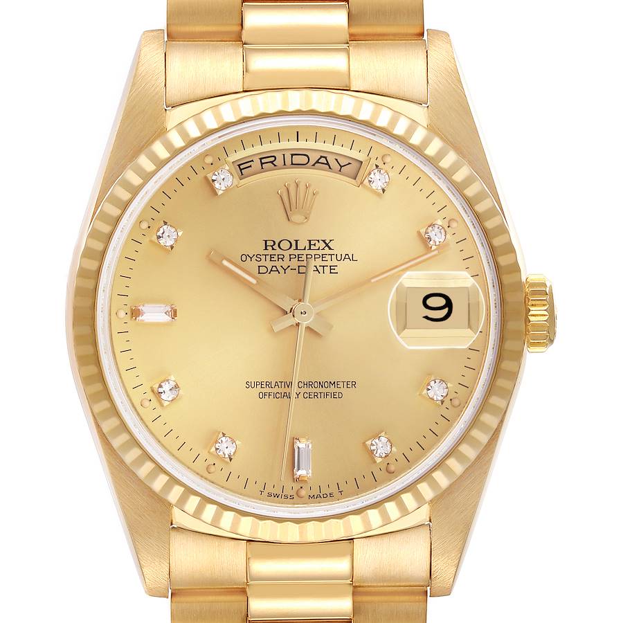 The image shows a frontal view of the Rolex President 18238 Men's Yellow Gold Champagne Dial 18238 Men's Yellow Gold Champagne Dial model, displaying the face, fluted bezel, crown, and part of the bracelet.